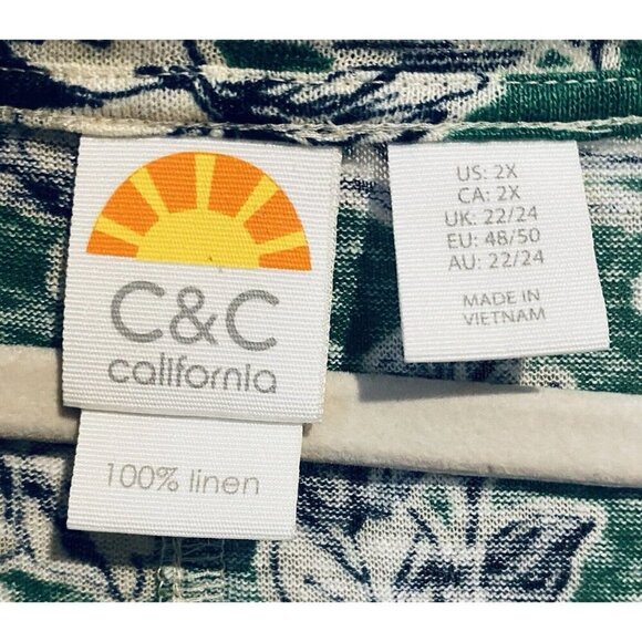 C and C California Top Women 2X Green Tropical Linen Floral Bobcat Jungle Boho - Picture 4 of 6
